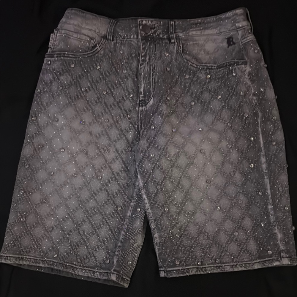 Gray Jean Shorts with Monogram Pattern and Faded Look